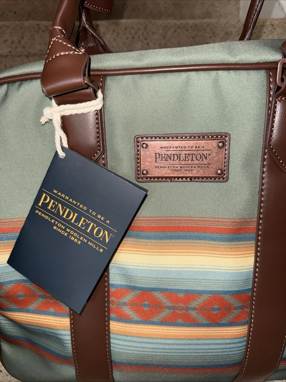 Pendleton Sage Canvas Duffel with Brown Leather Trim and Southwestern Stripes